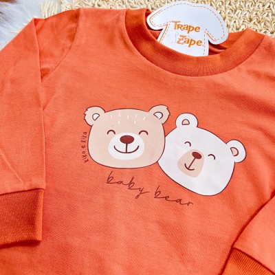 Conj. Blusa Manga Longa Baby Bear e Calça de Moletom - Laranja e Areia